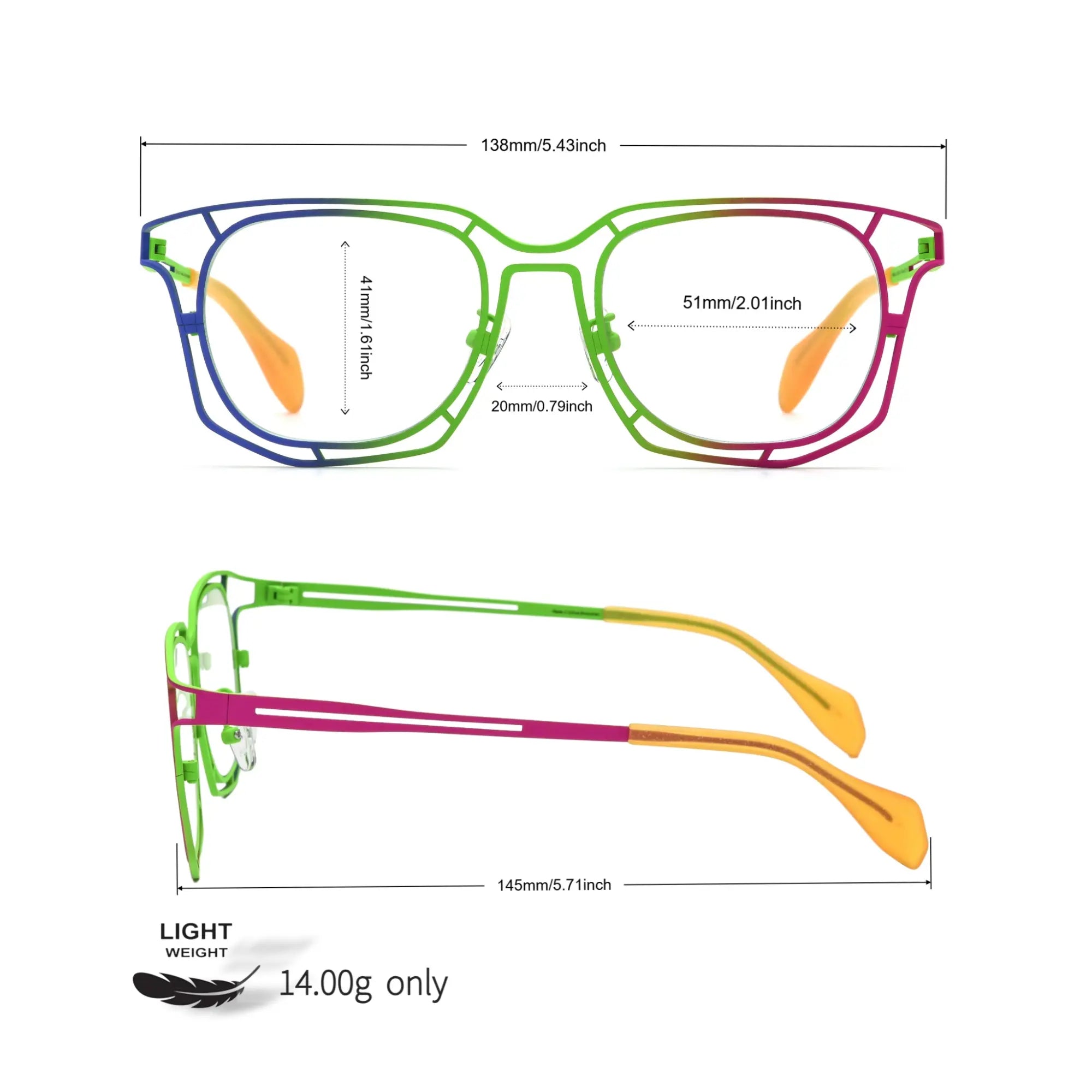 Size diagram for Rainbow Burst VoyueLens™ titanium glasses